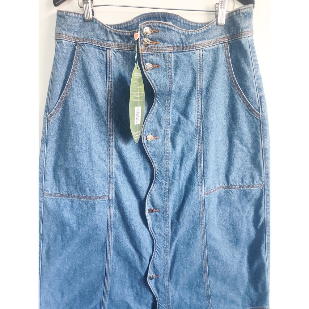 New Farm Rio Skirt 32 Denim Maxi Wave Light Wash Scalloped Button Front Artsy - Picture 6 of 12